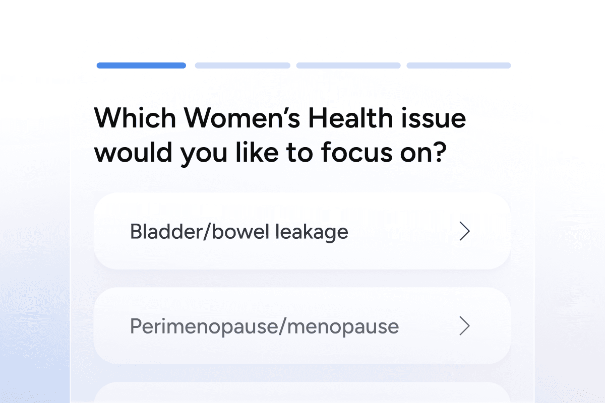 Survey question asking which women's health issue to focus on, with options for bladder/bowel leakage and perimenopause/menopause.