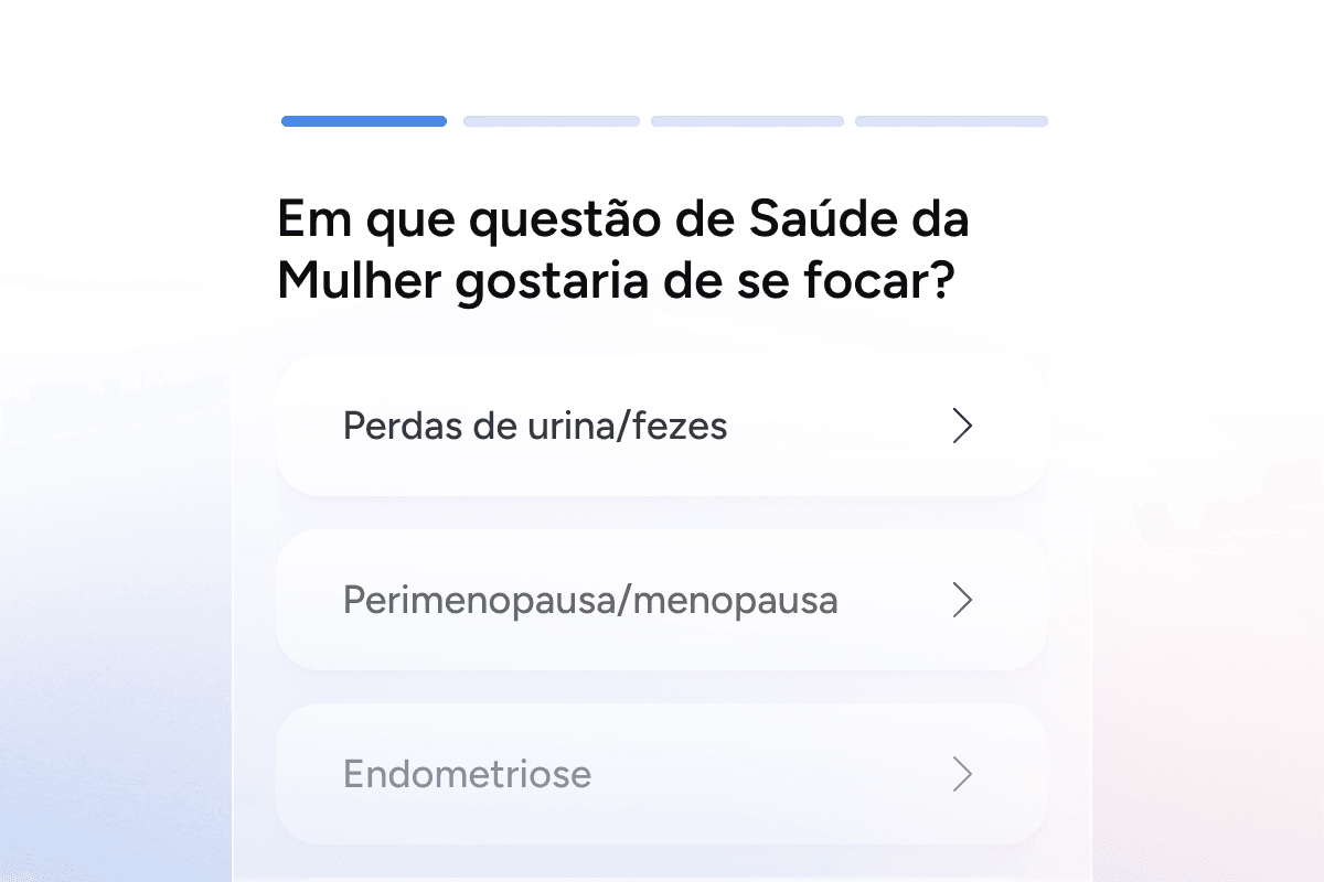 Survey screen asking which women's health issue to focus on: urinary/fecal incontinence, perimenopause/menopause, endometriosis.