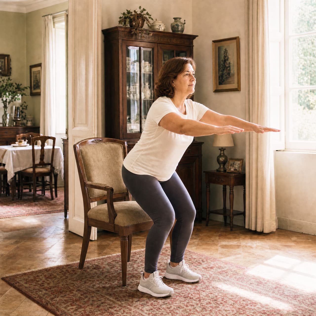 A woman in a white t-shirt and leggings performs a squat in front of a wooden chair in a living room.