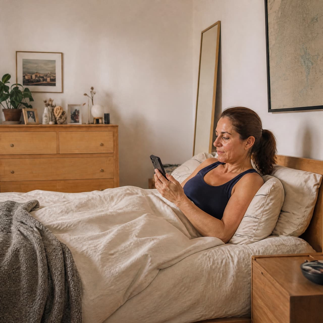 A woman sitting up in bed, looking at her smartphone.
