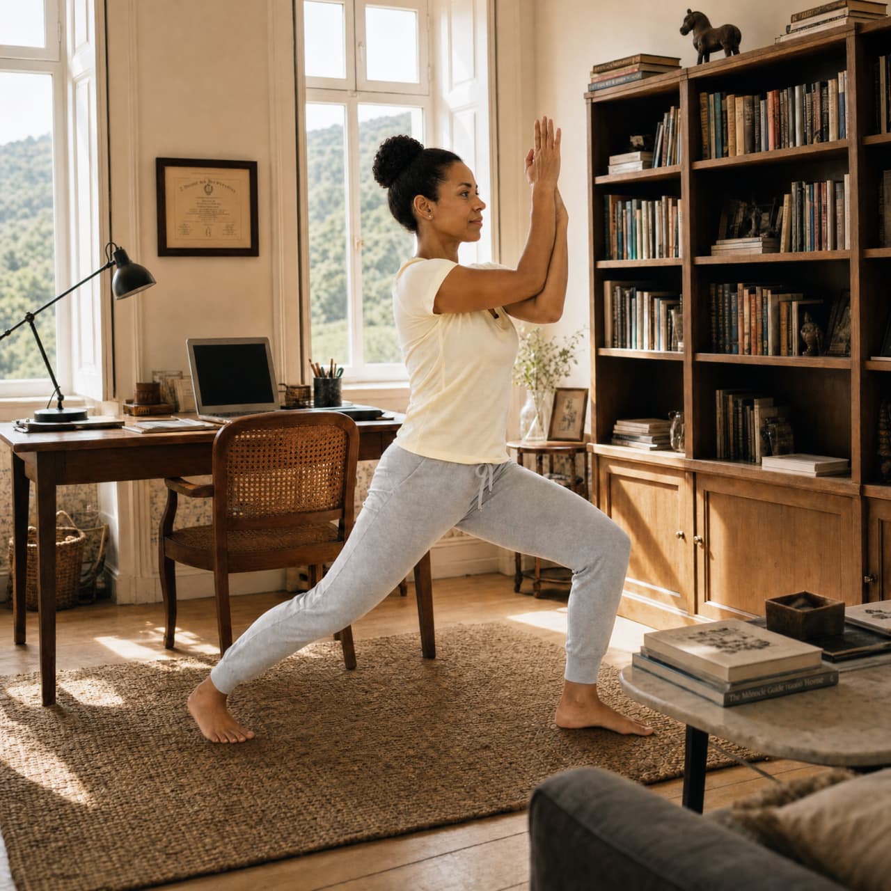 A woman in a t-shirt and sweatpants performs a yoga warrior pose with her arms in eagle bind in a home office.