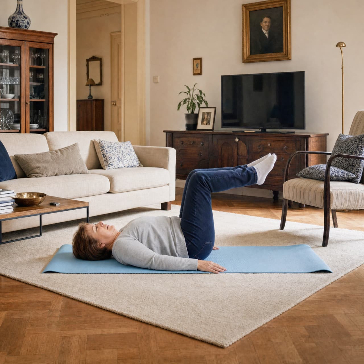 A woman lying on a blue exercise mat on the floor, holding her legs in the air with knees bent.