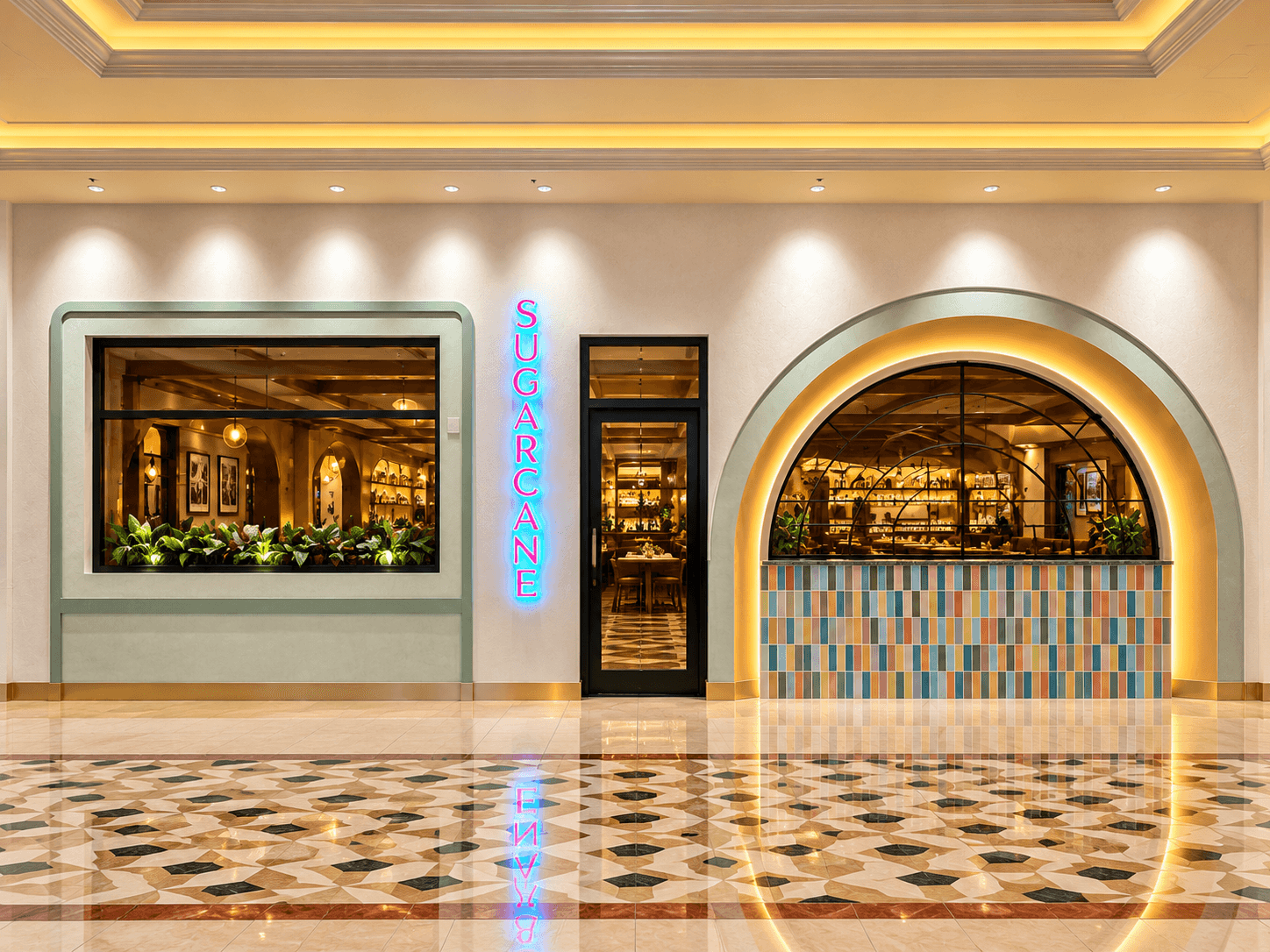 Brightly lit restaurant facade with a "Sugarcane" neon sign, large windows, tiled front and glowing interior, reflected on a patterned floor.