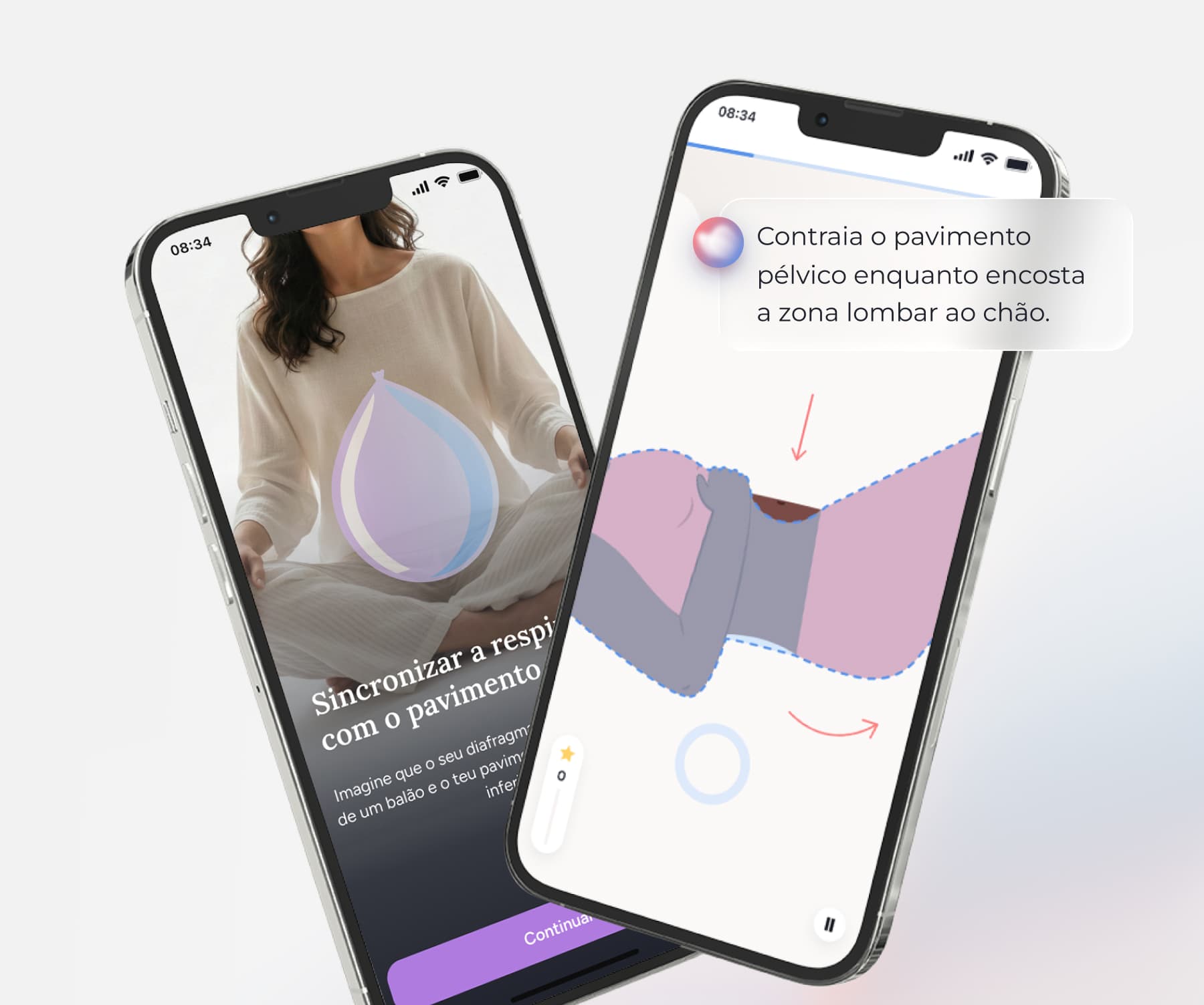 Two smartphones displaying a pelvic floor exercise app with instructions in Portuguese and illustrations of a person practicing breathing and posture.