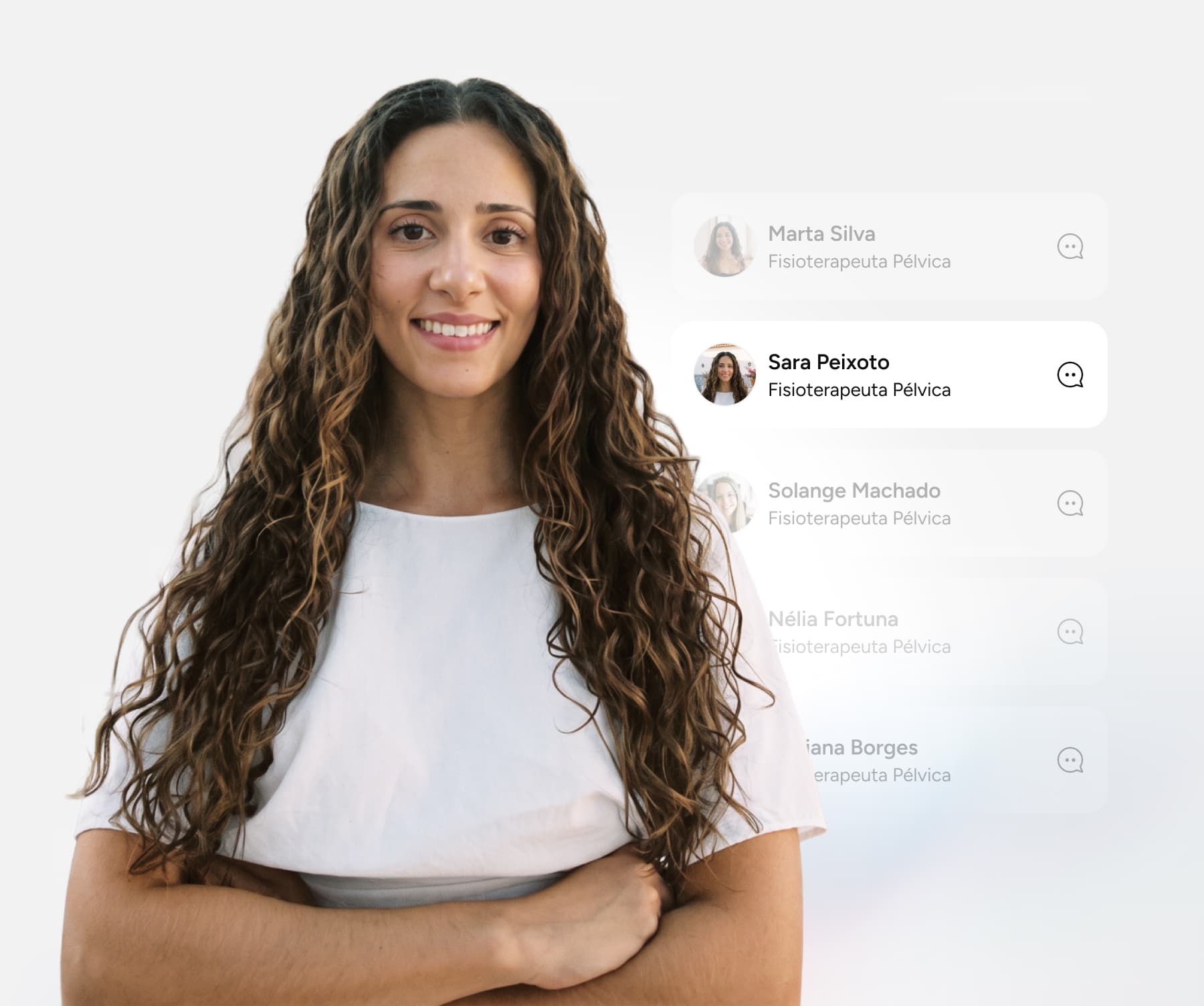 A smiling woman with long wavy hair standing in front of a list of pelvic floor physiotherapists, with Sara Peixoto highlighted.