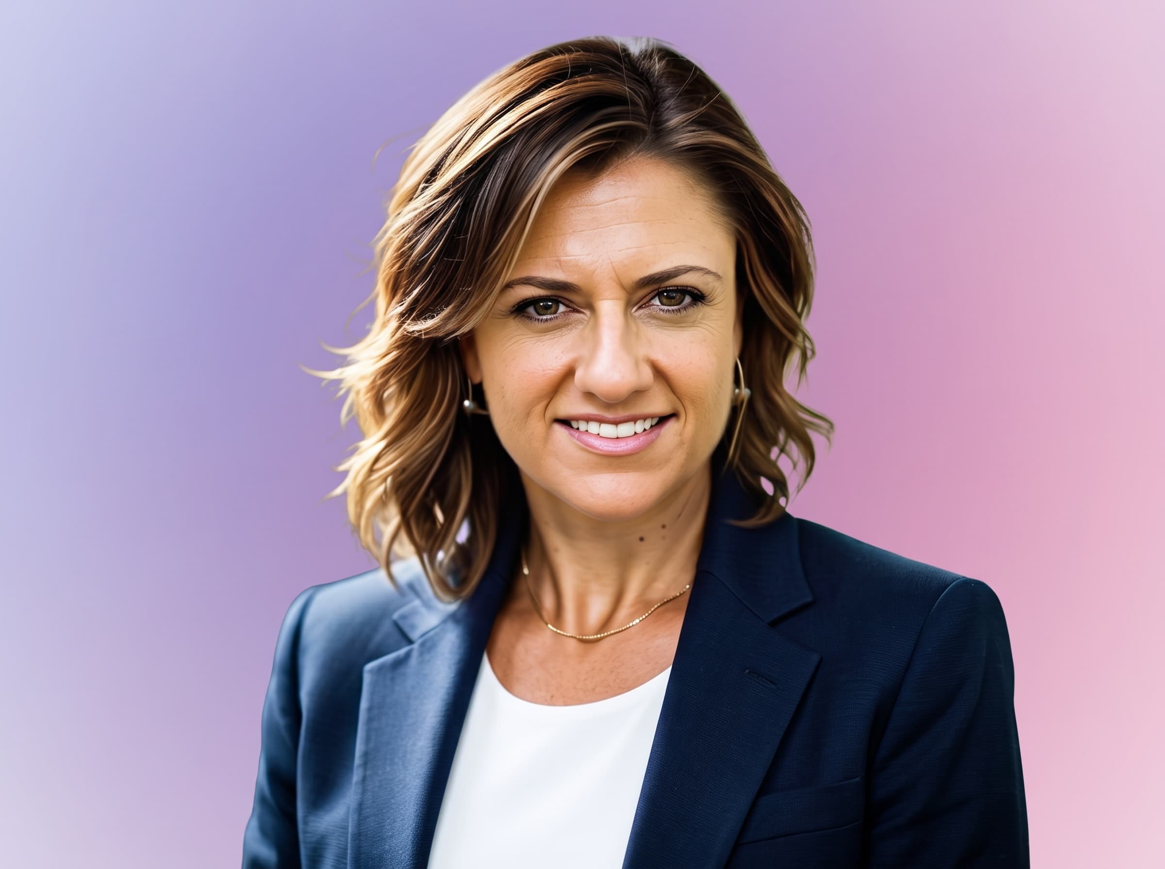 A professional headshot of a woman with shoulder-length brown hair, wearing a navy blue blazer over a white top against a soft purple and pink gradient background.