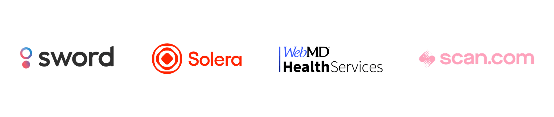 Logos of four companies: Sword, Solera, Web, and Scan.com, each with unique designs and colors on a white background.