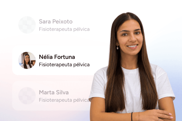 A woman with long brown hair smiling and wearing a white t-shirt, with text indicating her profession as a pelvic physiotherapist.