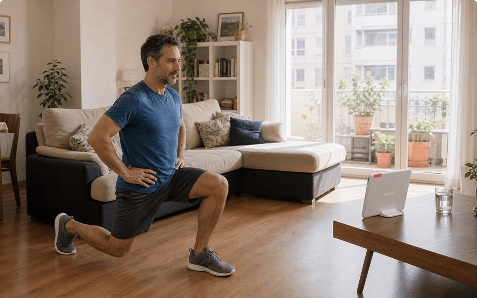 A man in workout attire is doing lunges in a living room, facing a tablet on a table. The room is bright with a large sofa and potted plants.
