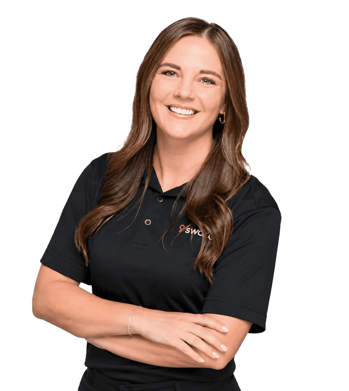 Smiling Sword physical therapist in a black Sword polo shirt with arms crossed.